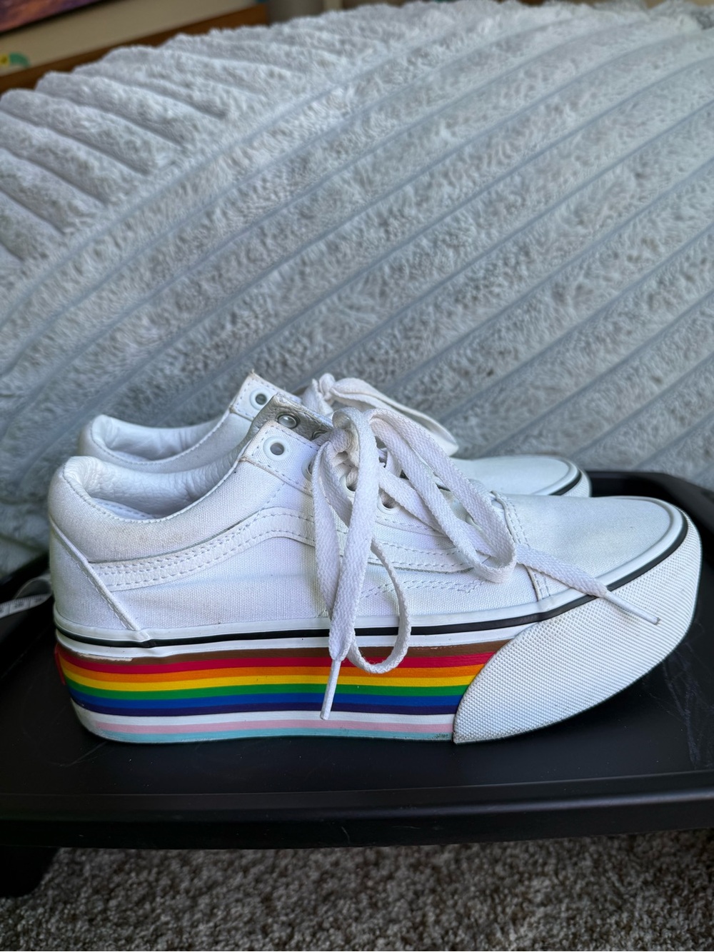 Vans White Platform Canvas Sneakers with Rainbow Stripe - Women's 7